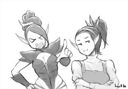 Rule 34 | 2girls, bracer, commentary, crossed arms, dark eldar, greyscale, hair ornament, lutherniel, monochrome, monochrome, mother and daughter, multiple girls, pointing, pointy ears, ponytail, pout, scolding, warhammer 40k
