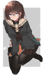 Rule 34 | 1girl, alternate costume, bespectacled, black-framed eyewear, black neckerchief, black pantyhose, black shirt, brown eyes, brown hair, brown skirt, buttons, cardigan, closed mouth, glasses, grey cardigan, hair between eyes, kantai collection, long sleeves, looking at viewer, miniskirt, neckerchief, no shoes, pantyhose, pleated skirt, rinto (rint rnt), sailor collar, school uniform, sendai (kancolle), shirt, skirt, smile, solo, twintails, two side up, white sailor collar