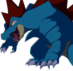 Rule 34 | blurry, claws, creatures (company), feraligatr, from side, game freak, gen 2 pokemon, kou11021301, nintendo, no humans, open mouth, pokemon, pokemon (creature), sharp teeth, simple background, solo, symbol-only commentary, teeth, tongue, white background, yellow eyes