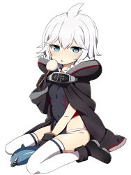 Rule 34 | 1girl, absurdres, azur lane, black gloves, black one-piece swimsuit, brown cloak, candy, cloak, commentary request, food, full body, gloves, grey eyes, gun, highres, holding, holding candy, holding food, holding lollipop, hood, hood down, hooded cloak, lollipop, looking at viewer, one-piece swimsuit, short hair, simple background, sitting, solo, swimsuit, thighhighs, tonari (ichinichime azuma), u-110 (azur lane), wariza, weapon, white background, white hair, white thighhighs