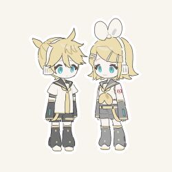 Rule 34 | 0211nami, 1boy, 1girl, :3, black shorts, blonde hair, blue eyes, bow, bowtie, chibi, detached leggings, detached sleeves, expressionless, hair ribbon, headphones, kagamine len, kagamine rin, looking at another, necktie, outline, ribbon, shirt, shorts, vocaloid, white footwear, white outline, white shirt, yellow background, yellow bow, yellow bowtie, yellow necktie