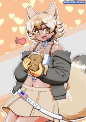 Rule 34 | animal ears, black jacket, blonde hair, coyopotato, coyote, coyote (kemono friends), wolf ears, wolf tail, gloves, jacket, kemono friends, kemono friends v project, necktie, shirt, shoes, short hair, skirt, smile, tail, virtual youtuber, white shirt, yellow eyes, yellow gloves