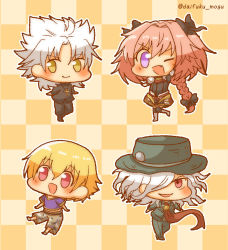Rule 34 | 4boys, ;d, amakusa shirou (fate), astolfo (fate), blonde hair, boots, braid, checkered background, chibi, child gilgamesh (fate), cross, cross necklace, daifuku mogu, edmond dantes (fate), edmond dantes (first ascension) (fate), fang, fate/apocrypha, fate/grand order, fate/hollow ataraxia, fate (series), gilgamesh (fate), hair over one eye, hat, highres, jewelry, looking at viewer, male focus, multiple boys, necklace, necktie, one eye closed, open mouth, pink hair, purple eyes, smile, trap, twitter username, white hair