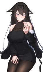 Rule 34 | 1girl, absurdres, animal ears, bare shoulders, black dress, black hair, black jacket, black nails, black pantyhose, blush, breasts, closed mouth, commission, dress, earrings, grey eyes, hair between eyes, highres, jacket, jewelry, large breasts, long hair, long sleeves, looking at viewer, off-shoulder jacket, off shoulder, open clothes, open jacket, original, pantyhose, simple background, single sidelock, sitting, sleeveless, sleeveless dress, smile, solo, tight clothes, white background, yuzabeecha