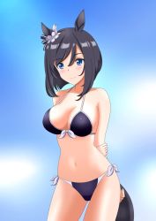 Rule 34 | 1girl, animal ears, arms behind back, bikini, black bikini, black hair, blue eyes, blue sky, blush, bob cut, breasts, closed mouth, cloud, cloudy sky, commentary, cowboy shot, day, eishin flash (umamusume), front-tie bikini top, front-tie top, halterneck, hand on own arm, hiromon, horse ears, horse girl, horse tail, looking at viewer, medium breasts, navel, short hair, side-tie bikini bottom, sky, smile, solo, standing, swimsuit, tail, umamusume