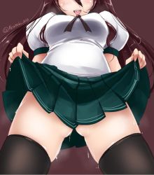 Rule 34 | 10s, 1girl, akatsuki akane, black thighhighs, blush, brown background, brown hair, clothes lift, kantai collection, kisaragi (kancolle), long hair, one-hour drawing challenge, open mouth, pleated skirt, school uniform, serafuku, simple background, skirt, skirt lift, smile, solo, suggestive fluid, thighhighs, twitter username