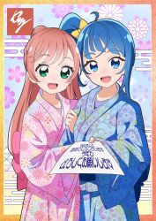Rule 34 | 2girls, :d, absurdres, blue eyes, blue hair, blue kimono, bow, brown hair, floral print, green eyes, hair bow, high side ponytail, highres, hirogaru sky! precure, japanese clothes, kimono, long hair, long sleeves, looking at viewer, multiple girls, nengajou, new year, nijigaoka mashiro, open mouth, pink kimono, precure, print kimono, smile, sora harewataru, standing, tirofinire, wide sleeves, yellow bow