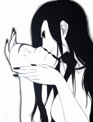 Rule 34 | 1girl, black hair, black nails, choker, commentary request, eyelashes, fingernails, greyscale, highres, holding, imminent kiss, long fingernails, long hair, mask, md5 mismatch, monochrome, nail polish, original, outline, poaro, resized, signature, simple background, solo, texture, white background