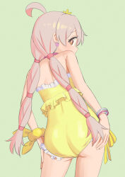 Rule 34 | 1girl, ahoge, ass, bangle, bare arms, bare legs, bare shoulders, bracelet, brown eyes, commentary request, cowboy shot, earrings, easy (aqk7bdqt), flower, flower earrings, frilled one-piece swimsuit, frills, from behind, green background, hair flower, hair ornament, hands on own hips, jewelry, long hair, looking at viewer, looking back, low twintails, one-piece swimsuit, onii-chan wa oshimai!, oyama mahiro, pink hair, scrunchie, simple background, solo, swimsuit, twintails, very long hair, wrist scrunchie, yellow one-piece swimsuit, yellow scrunchie