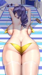Rule 34 | 1girl, ass, azur lane, back, backboob, bare back, bare shoulders, bikini, blush, breasts, butt crack, unworn eyewear, from above, from behind, highres, huge ass, karasu s, large breasts, long hair, looking at viewer, looking back, lotion bottle, lying, on stomach, pola (azur lane), pola (seaside coincidence) (azur lane), purple hair, red eyes, shiny clothes, shiny skin, solo, sunglasses, sunglasses removed, swimsuit, thick thighs, thighhighs, thighs, twintails, untied bikini