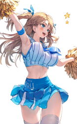Rule 34 | 1girl, armpits, blonde hair, blue eyes, blue ribbon, blush, breasts, cheering, cheerleader, crop top, hair ribbon, highres, holding, holding pom poms, huwari (dnwls3010), large breasts, long hair, midriff, miniskirt, navel, open mouth, original, pleated skirt, pom pom (cheerleading), pom poms, ribbon, simple background, skirt, sleeveless, solo, star (symbol), striped, thighs, white background
