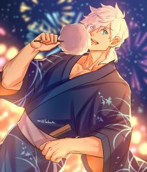 Rule 34 | 1boy, absurdres, blue eyes, blue kimono, blurry, blurry background, cotton candy, eating, fate/grand order, fate (series), fireworks, food, highres, holding, holding food, japanese clothes, kimono, looking at viewer, male focus, muscular, muscular male, night, night sky, open mouth, pectoral cleavage, pectorals, percival (fate), short hair, sky, smile, solo, summer festival, twitter username, white hair, yaekaidou, yukata