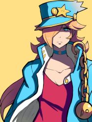 Rule 34 | 1girl, blonde hair, blue coat, blue eyes, blue hat, breasts, chain, choker, cleavage, closed eyes, coat, collarbone, corrupted metadata, cosplay, frown, hair over one eye, hat, jojo no kimyou na bouken, kuujou joutarou, kuujou joutarou (cosplay), long hair, mario (series), medium breasts, nintendo, open clothes, open coat, phiphi-au-thon, red shirt, rosalina, shirt, simple background, solo, super mario galaxy, upper body, very long hair, yellow background