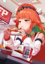 Rule 34 | 1girl, absurdres, arimoto wataru, beret, brand name imitation, ceiling, chef hat, cup, detached sleeves, disposable cup, eating, english text, fast food, food, french fries, fried chicken, hat, heart, heart-shaped pupils, highres, hololive, hololive english, indoors, kfp, multicolored hair, orange hair, red eyes, restaurant, solo, sparkle, symbol-shaped pupils, takanashi kiara, two-tone hair, virtual youtuber