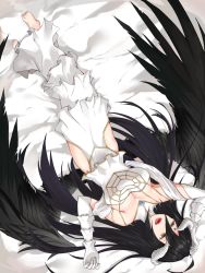 Rule 34 | 1girl, albedo (overlord), black hair, black wings, breasts, demon girl, demon horns, demon wings, dndeh317, dress, elbow gloves, feathered wings, feathers, feet, gloves, hair between eyes, highres, horns, large breasts, long hair, lying, open mouth, overlord (maruyama), solo, thighhighs, thighs, wings, yellow eyes