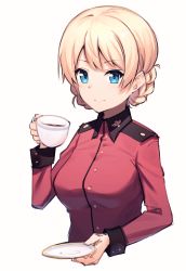Rule 34 | 1girl, blonde hair, blue eyes, braid, closed mouth, commentary, cup, darjeeling (girls und panzer), epaulettes, girls und panzer, holding, holding cup, holding saucer, insignia, jacket, light smile, long sleeves, looking at viewer, military, military uniform, red jacket, rezomi zore, saucer, short hair, simple background, solo, st. gloriana&#039;s military uniform, teacup, twin braids, uniform, upper body, white background