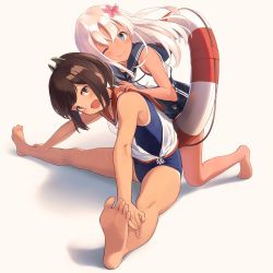 Rule 34 | 10s, 2girls, :d, ;&gt;, assisted stretching, bare arms, bare legs, bare shoulders, barefoot, blonde hair, blue eyes, blush, brown eyes, brown hair, closed mouth, crop top, feet, flower, hair flower, hair ornament, i-401 (kancolle), kantai collection, kneeling, lifebuoy, long hair, looking at viewer, multiple girls, one-piece swimsuit, one-piece tan, one eye closed, open mouth, ponytail, ro-500 (kancolle), sailor collar, school swimsuit, shadow, short ponytail, simple background, sitting, smile, soles, stretching, swim ring, swimsuit, swimsuit under clothes, tan, tanline, toes, u jie