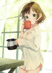 Rule 34 | 1girl, blurry, blush, bottomless, breasts, brown hair, buttons, cleavage, coffee, coffee mug, coffee pot, collared shirt, commentary request, covered mouth, cowboy shot, cup, curtains, depth of field, dress shirt, green eyes, highres, holding, holding cup, indoors, long sleeves, looking at viewer, messy hair, morning, mug, naked shirt, original, shirt, short hair, sleeves past wrists, small breasts, solo, table, warabimochi kinako, window, wooden table