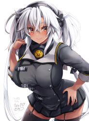 Rule 34 | 1girl, absurdres, black nails, blush, breasts, brown eyes, closed mouth, commentary request, dark-skinned female, dark skin, dated, glasses, grey hair, hair between eyes, headgear, highres, jewelry, kantai collection, large breasts, long hair, long sleeves, looking at viewer, mashiro yukiya, musashi (kancolle), musashi kai ni (kancolle), rectangular eyewear, red eyes, ring, semi-rimless eyewear, signature, skirt, smile, solo, thighhighs, twintails, very long hair, white background, white hair, zettai ryouiki
