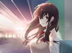 Rule 34 | 1girl, black eyes, bow, brown hair, daby, long hair, looking at viewer, original, red neckwear, shirt, sleeveless, sleeveless sweater, solo, subway station, sweater, train, white shirt