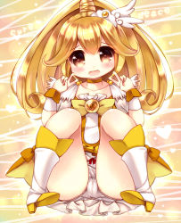 Rule 34 | 10s, 1girl, blonde hair, blush, boots, bow, bow panties, cameltoe, character name, choker, collarbone, cure peace, dearoliha, double v, hair between eyes, hair ornament, heart, highres, kise yayoi, long hair, magical girl, open mouth, panties, ponytail, precure, sitting, skirt, smile precure!, solo, sparks, spread legs, tears, underwear, upskirt, v, white panties, wrist cuffs, yellow eyes, yellow theme