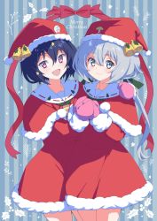 Rule 34 | 2girls, :d, arm around shoulder, black hair, blue eyes, capelet, christmas, closed mouth, commentary, cowboy shot, dress, english text, fur-trimmed capelet, fur trim, hat, hat bell, highres, holly, konno junko, light blush, long hair, looking at viewer, merry christmas, mittens, mizuno ai, multiple girls, open mouth, own hands together, pink mittens, purple eyes, red capelet, red headwear, santa dress, santa hat, short dress, short hair, side-by-side, silver hair, smile, somasoutaro, standing, star (symbol), striped, striped background, vertical stripes, zombie land saga