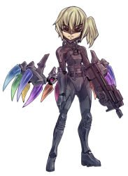 Rule 34 | 1girl, alternate wings, armor, bad id, bad pixiv id, blonde hair, bodysuit, bullpup, fallout (series), fallout 3, female focus, flandre scarlet, gun, horizontal magazine, mk-5, multicolored wings, no headwear, no headwear, p90, personal defense weapon, red eyes, robot, side ponytail, solo, submachine gun, sunglasses, touhou, weapon, wings