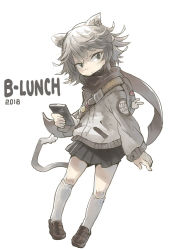 Rule 34 | 1girl, animal ears, bag, bag charm, black skirt, cat ears, cat tail, cellphone, charm (object), commentary request, dated, full body, green eyes, grey hair, holding, holding phone, imoman, jacket, loafers, long sleeves, looking at viewer, original, phone, pleated skirt, shoes, short hair, simple background, skirt, smartphone, smile, socks, solo, tail, white background, white socks