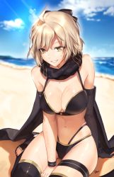 Rule 34 | 1girl, ahoge, bare shoulders, beach, bikini, black bikini, black gloves, black legwear, black scarf, blonde hair, blue sky, bow, breasts, cloud, day, elbow gloves, fate/grand order, fate (series), gloves, hair bow, hu kotora, looking at viewer, medium breasts, navel, ocean, okita j. souji (fate), okita j. souji (first ascension) (fate), okita souji (fate), okita souji (koha-ace), open mouth, outdoors, sand, scarf, short hair, single glove, sitting, sky, smile, solo, sweat, swimsuit, thigh strap, wariza, yellow eyes