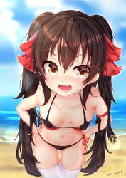 Rule 34 | 1girl, 2018, :d, armlet, artist name, beach, bikini, black bikini, blue sky, blush, breasts, brown eyes, brown hair, cloud, cloudy sky, collarbone, commentary request, cowboy shot, dated, day, eyelashes, fang, frilled bikini, frills, girls&#039; frontline, gluteal fold, gmkj, hair between eyes, hair ornament, hair ribbon, hands on own hips, highres, leaning forward, legs together, long hair, looking at viewer, micro bikini, open mouth, outdoors, pink lips, red ribbon, ribbon, side-tie bikini bottom, sidelocks, skindentation, sky, small breasts, smile, solo, standing, strap gap, swimsuit, teeth, thigh gap, thighhighs, tongue, twintails, type 97 (girls&#039; frontline), very long hair, water, wet, wet hair, white thighhighs