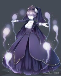 Rule 34 | 1girl, absurdres, anotherxalice, blunt bangs, breasts, cleavage, copyright name, dress, facing viewer, full body, ghost, grey background, habit, hair over eyes, highres, long sleeves, nyasunyadoora, open mouth, pale skin, purple dress, purple hair, short hair, small breasts, solo, standing