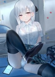 Rule 34 | 1girl, absurdres, black thighhighs, blush, bra, breasts, cellphone, hair ornament, hairclip, highres, loafers, mole, mole under eye, original, panties, phone, plaid, plaid skirt, pleated skirt, red eyes, see-through, shirt, shoes, silver hair, skirt, thighhighs, thighs, tsunosekai, underwear, wet, wet clothes, wet shirt
