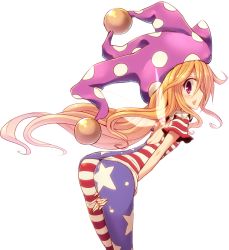 Rule 34 | 1girl, american flag dress, american flag legwear, ass, back cutout, bent over, blonde hair, blush, clothing cutout, clownpiece, fairy wings, fang, hat, jester cap, kuresento, long hair, looking at viewer, open mouth, pantyhose, pink eyes, print pantyhose, profile, short sleeves, simple background, smile, solo, star (symbol), striped, touhou, very long hair, white background, wings