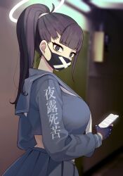 Rule 34 | 1girl, black hair, black mask, blue archive, blue serafuku, blunt bangs, blurry, blurry background, breasts, cellphone, cropped shirt, fingerless gloves, gloves, halo, high ponytail, holding, holding phone, large breasts, long sleeves, looking at viewer, looking to the side, mask, midriff, mouth mask, nago purin, neckerchief, phone, pleated skirt, ponytail, school uniform, serafuku, skirt, solo, spiked gloves, sukeban (smg) (blue archive), white neckerchief