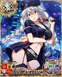 Rule 34 | 1girl, baton, blush, braid, breasts, card (medium), chess piece, cleavage, garter belt, grayfia lucifuge, grey eyes, grey hair, hat, high school dxd, holding, large breasts, lipstick, long hair, makeup, matching hair/eyes, navel, night, night sky, police, police uniform, queen (chess), red lips, shorts, sky, smile, solo, standing, star (sky), starry sky, thighhighs, twin braids, underboob, uniform, zipper