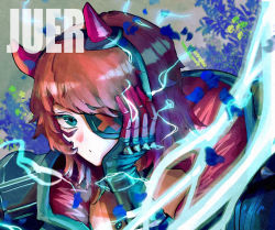 Rule 34 | 1girl, alternate hairstyle, animification, apex legends, bad id, bad pixiv id, black gloves, black jacket, blue eyes, cyber punked wattson, electricity, eyepatch, gloves, hand on own cheek, hand on own face, hood, hooded jacket, horns, jacket, looking at viewer, medium hair, one eye covered, pink hair, solo, spiked gloves, wattson (apex legends), xiaoye ju er