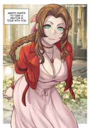 Rule 34 | 1girl, aerith gainsborough, bare shoulders, bracelet, braid, braided ponytail, breasts, brown hair, choker, church, closed mouth, dress, english text, final fantasy, final fantasy vii, green eyes, hair ribbon, jacket, jewelry, large breasts, looking at viewer, necklace, paid reward available, pink dress, pink ribbon, red jacket, redjet, ribbon, sidelocks, smile, solo, speech bubble, square enix, strip game, wavy hair