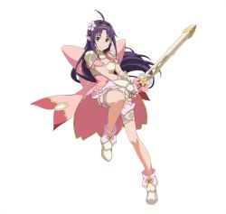 Rule 34 | 10s, 1girl, ahoge, breasts, cleavage, dress, fingerless gloves, floating hair, flower, full body, gloves, hair flower, hair ornament, holding, holding sword, holding weapon, leg up, long hair, looking at viewer, pink dress, pink flower, pink gloves, pointy ears, purple hair, red eyes, simple background, small breasts, smile, solo, standing, sword, sword art online, thigh strap, very long hair, weapon, white background, yuuki (sao)