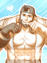 Rule 34 | 1boy, backwards hat, bara, baseball cap, beard, black hair, blue eyes, commission, dobito mn, facial hair, facial mark, hat, headphones, headphones around neck, heart, large pectorals, looking at viewer, male focus, mature male, muscular, muscular male, open clothes, open shirt, original, paw pose, pectoral cleavage, pectorals, shirt, short hair, smile, solo, upper body, watermark, white shirt