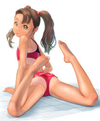Rule 34 | 1girl, ass, barefoot, bikini, bikini skirt, brown eyes, brown hair, commentary request, flat chest, hair bobbles, hair ornament, highres, long hair, looking at viewer, looking back, lying, on stomach, original, parted lips, red bikini, solo, swimsuit, tan, tanline, thighs, twintails, uzuki mei