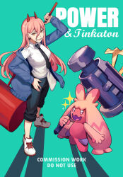 Rule 34 | 2girls, aqua background, arm up, black necktie, black pants, blue jacket, breasts, chainsaw man, character name, collared shirt, commission, creatures (company), crossover, demon horns, game freak, hammer, hand on own hip, highres, holding, holding hammer, horns, jacket, kuki tan, large breasts, looking at viewer, medium breasts, multiple girls, necktie, nintendo, open clothes, open jacket, open mouth, orange eyes, pants, pink hair, pokemon, power (chainsaw man), sharp teeth, shirt, shoes, sneakers, sparkle, teeth, tinkaton, trait connection, upper teeth only, white footwear, white shirt