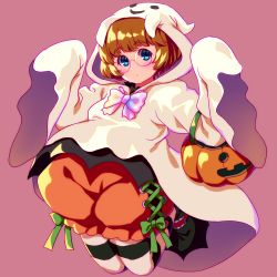Rule 34 | 1girl, black pantyhose, blue eyes, brown hair, closed mouth, commentary request, full body, ghost costume, glasses, grey background, halloween, halloween bucket, halloween costume, highres, ichinose minori, legs up, light frown, looking at viewer, orange shorts, pantyhose, partial commentary, precure, pumpkin pants, rimless eyewear, round eyewear, sayousuke, short hair, shorts, simple background, sleeves past fingers, sleeves past wrists, solo, striped clothes, striped pantyhose, tropical-rouge! precure