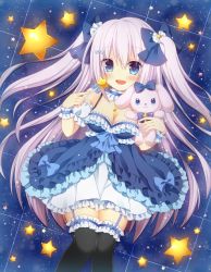 Rule 34 | 1girl, :d, bare shoulders, black thighhighs, blue bow, blue dress, blue eyes, blush, bow, breasts, cleavage, commentary request, detached sleeves, dress, frilled thighhighs, frills, garter straps, hair between eyes, hair bow, himetsuki luna, holding, holding wand, long hair, medium breasts, open mouth, original, pink hair, puffy short sleeves, puffy sleeves, short sleeves, sleeveless, sleeveless dress, smile, solo, star (symbol), stuffed animal, stuffed rabbit, stuffed toy, thighhighs, two side up, very long hair, wand, wrist cuffs