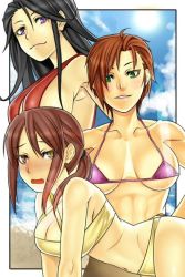 Rule 34 | 10s, 3girls, asashin (kazami-tomo), bad id, bad pixiv id, bikini, black hair, blush, breasts, brown eyes, brown hair, cleavage, green eyes, halterneck, halterneck, idolmaster, idolmaster cinderella girls, kiba manami, large breasts, long hair, micro bikini, mifune miyu, multiple girls, navel, purple eyes, short hair, sideboob, slingshot swimsuit, swimsuit, takahashi reiko, toned, underboob