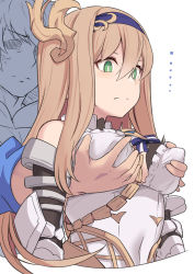 Rule 34 | ..., 1boy, 1girl, armor, blonde hair, blue hairband, grabbing another&#039;s breast, breasts, character request, closed mouth, enyo (granblue fantasy), faceless, faceless male, grabbing, grabbing from behind, gran (granblue fantasy), granblue fantasy, green eyes, hair between eyes, hairband, long hair, medium breasts, shiseki hirame, simple background, upper body, white background