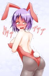 Rule 34 | 1girl, animal ears, ass, back, backless leotard, bare arms, bare shoulders, black pantyhose, blush, breasts, commentary request, fake animal ears, full-face blush, large breasts, leotard, nagae iku, open mouth, pantyhose, playboy bunny, purple hair, rabbit ears, rabbit tail, red eyes, solo, tail, takorice, touhou, trembling, wavy mouth, wide-eyed