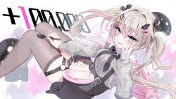 Rule 34 | 1girl, :p, absurdres, aqua eyes, artist request, backpack, bag, balloon, black footwear, black skirt, blonde hair, bow, breasts, cake, cherry, choppy bangs, cropped legs, eating, food, fork, fruit, grey shirt, grey thighhighs, hair bow, hair ornament, hairclip, highres, holding, holding fork, light blush, looking at viewer, medium breasts, multicolored hair, overall skirt, phase connect, pink bag, pink hair, platform footwear, pocky, rinkou ashelia, rinkou ashelia (1st costume), shirt, sidelocks, skirt, thigh strap, thighhighs, tongue, tongue out, twintails, two-tone hair, virtual youtuber