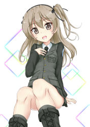 Rule 34 | 1girl, :d, black bow, black footwear, black hairband, black necktie, black skirt, blush, boots, bow, brown eyes, brown hair, collared shirt, commentary request, cross-laced footwear, flipper, girls und panzer, grey jacket, grey socks, hair between eyes, hair bow, hairband, head tilt, jacket, kneehighs, lace-up boots, long hair, long sleeves, necktie, one side up, open mouth, pleated skirt, selection university military uniform, shimada arisu, shirt, sitting, skirt, smile, socks, solo, teeth, upper teeth only, white shirt