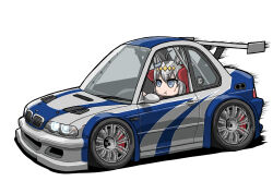 Rule 34 | 1girl, absurdres, animal ears, bmw, bmw 3 series, bmw e46, bmw m3, car, chibi, crossover, driving, grey hair, highres, horse ears, kaito schumacher, motor vehicle, need for speed, need for speed: most wanted (2005), oguri cap (umamusume), pout, shadow, solo, spoiler (automobile), sports car, sweat, umamusume, vehicle focus, white background