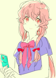 Rule 34 | 1girl, :&gt;, blue shirt, bow, bowtie, cellphone, closed mouth, collared shirt, commentary, english commentary, from side, gasai yuno, hair between eyes, hair bow, hair ribbon, hands up, holding, holding phone, lenny-tree, long hair, looking at viewer, looking to the side, low twintails, mirai nikki, no nose, phone, pink bow, pink bowtie, pink eyes, pink hair, pink ribbon, red bow, ribbon, shirt, short sleeves, sidelocks, simple background, sketch, smile, solo, swept bangs, tareme, tress ribbon, twintails, upper body, very long hair, wing collar, yellow background